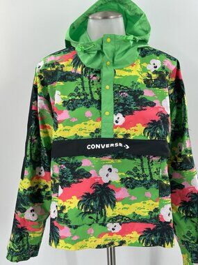 Converse Women's Anorak Windbreaker Jacket Green Tropical Cropped Hood XS